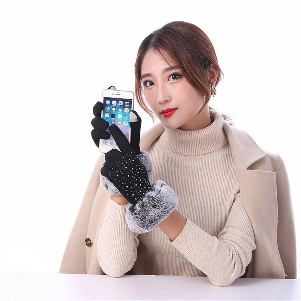 Tomorrow Women's Winter Gloves Soft Warm Touch Screen Gloves for Cold Weather Windproof Covered Finger Faux Fur on The Inner for Cold Weather Women Cute Design Plush Fur Cuff Stone Crafted (Knit) 3