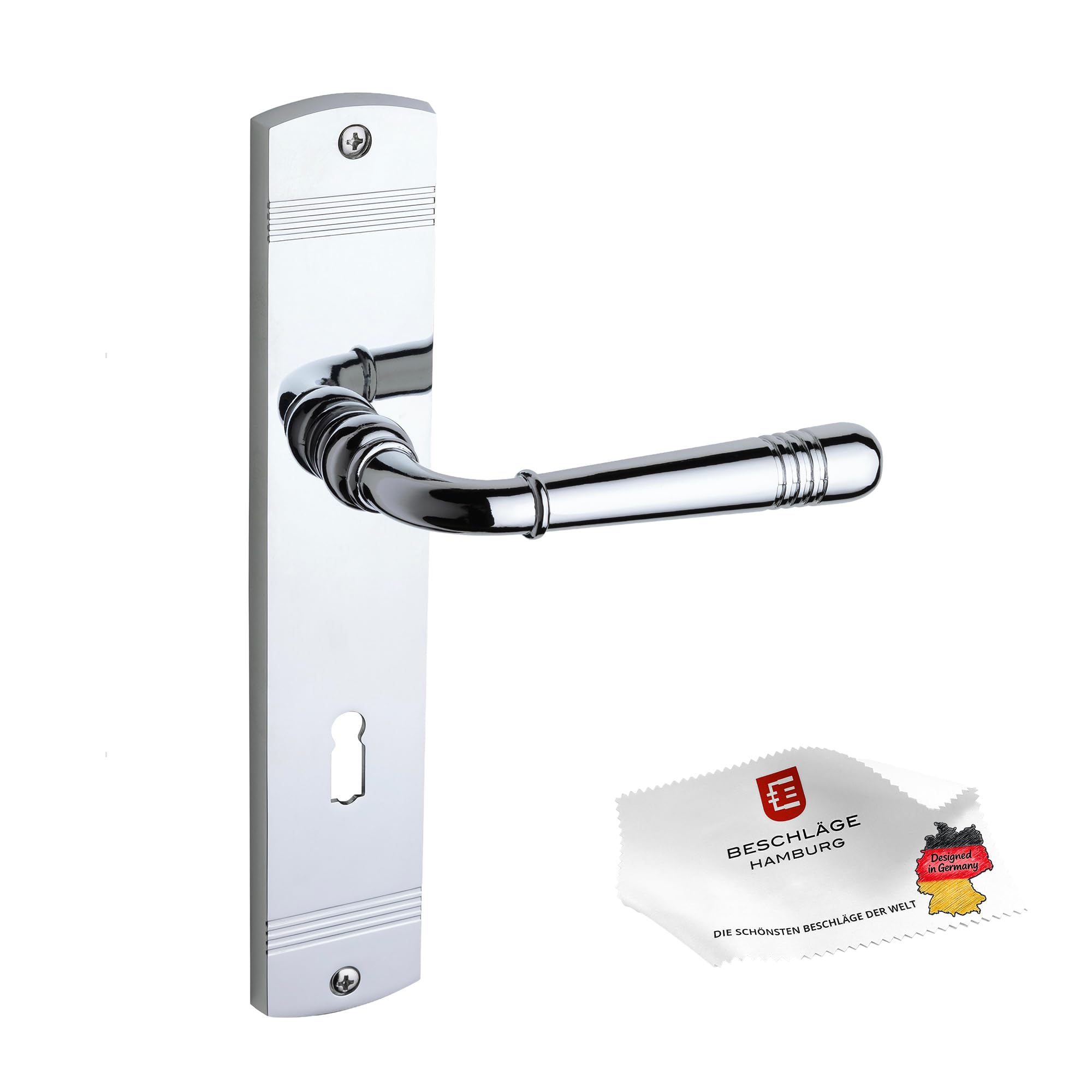 Beschläge Hamburg Türgriff EMILY ART 70-09 – Drückergarnitur Langschild 45 x 235 mm, Buntbart (BB) für Zimmertüren, Set inkl. Befestigungsmaterial, chrom poliert