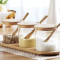 Conjunto De Potes De Vidro 320ml Com Tampa E Colher De Bambu Para Condimentos Com Suporte Em Bambu 3 Peças Kit 3 Organizador De Temperos Porta Mantimentos Para Armazenar Café Açúcar Temperos
