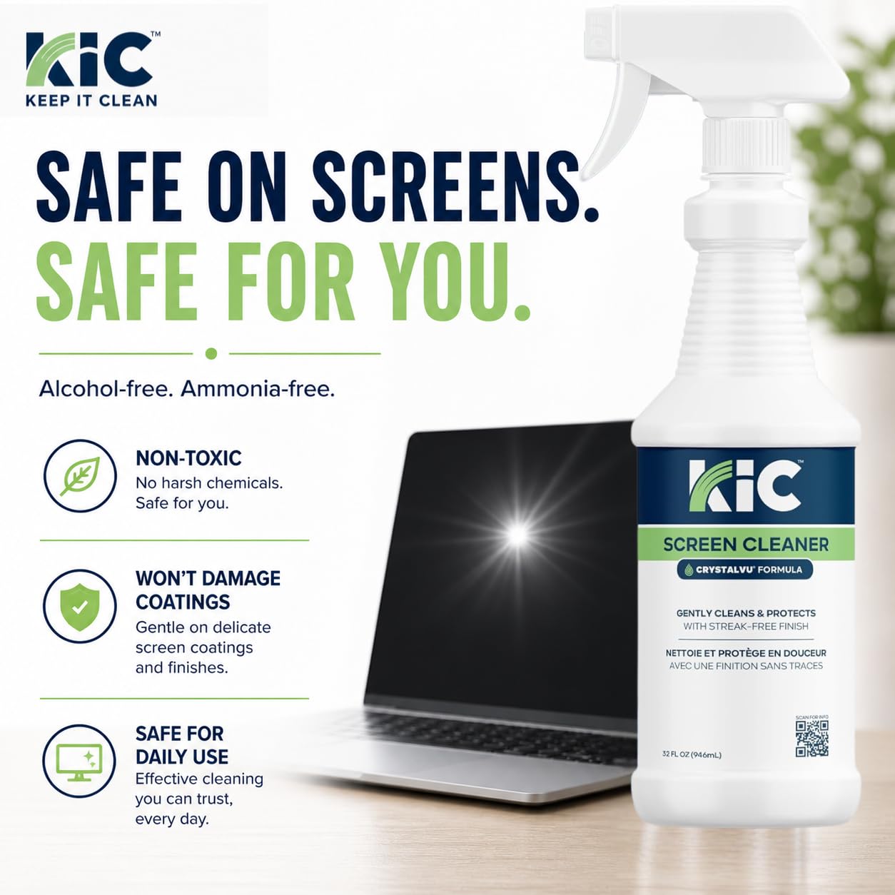 KICTeam Waffletechnology CrystalVu - Kit de limpiador de pantalla táctil, botella de spray de 32 onzas con 2 toallitas de microfibra para limpiar monitores y pantallas de computadora