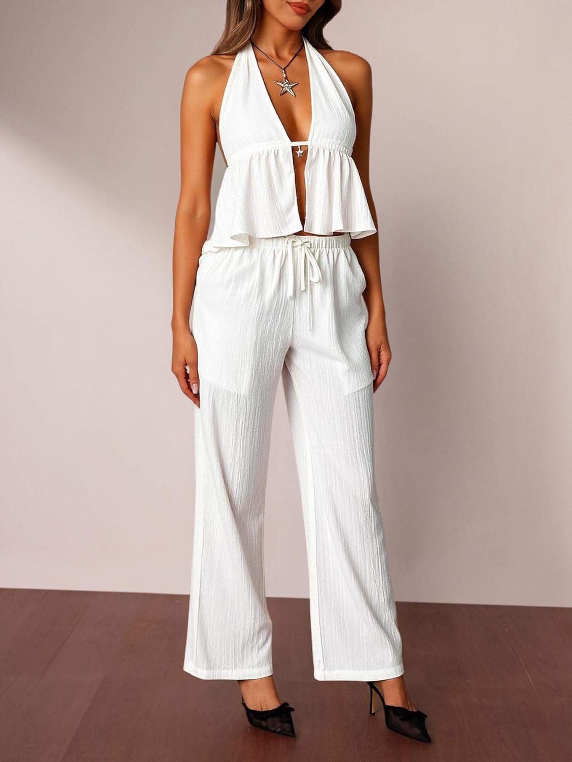 Women's 2 Piece Beach Vacation Outfits Backless Peplum Halter Crop Top and Pants Summer Sets - Image 5