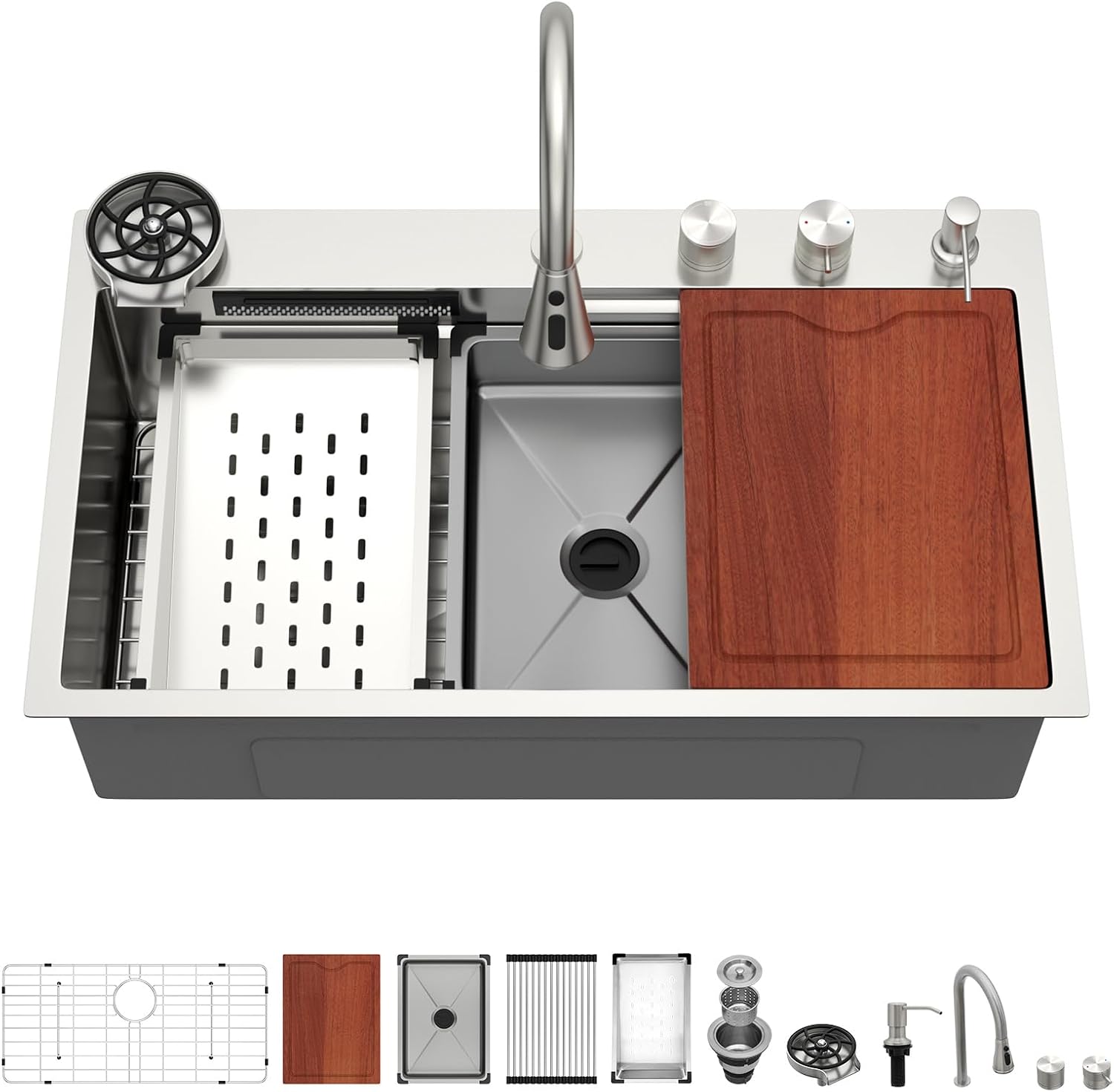 33x19 inch Waterfall Drop in Kitchen Sink Workstation with Faucet 16 Gauge Stainless Steel Top mount Single Bowl Smart Multifunctional Combo & Cup Washer