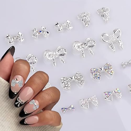 Miniatura 4 de Dijes para uñas de aleación plateada para uñas acrílicas, 18 piezas de diamantes de imitación de lazo 3D, bonitos accesorios de joyería para mujeres