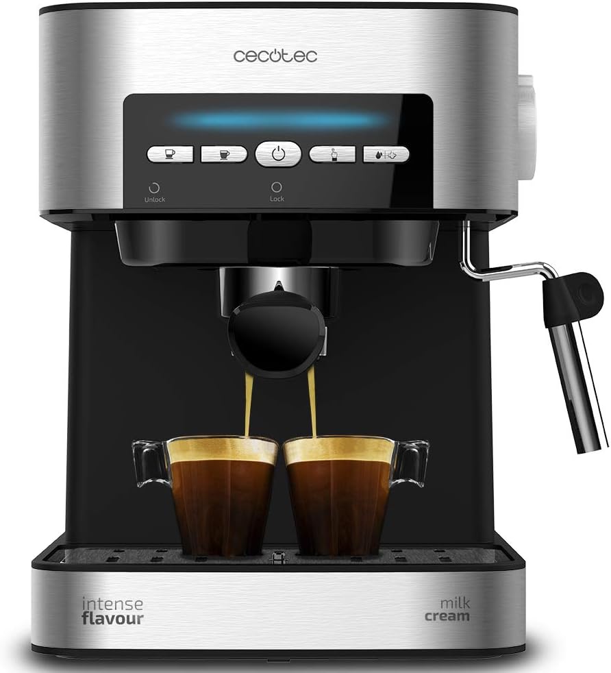 Cecotec Caffettiera Express Power Espresso 20 Matic, 850 W, 20 bar, 1,5 l, braccio a doppia uscita, vaporiera, piano scaldatazze, comandi digitali, finiture in acciaio inossidabile, nero/argento