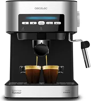 Cecotec Cafetera express Power Espresso 20 Matic. 850 W, 20 Bares, 1,5L, Brazo Doble Salida, Vaporizador, Superficie Calientatazas, Mandos Digitales, Acabados en Acero Inoxidable, Negro/Plata