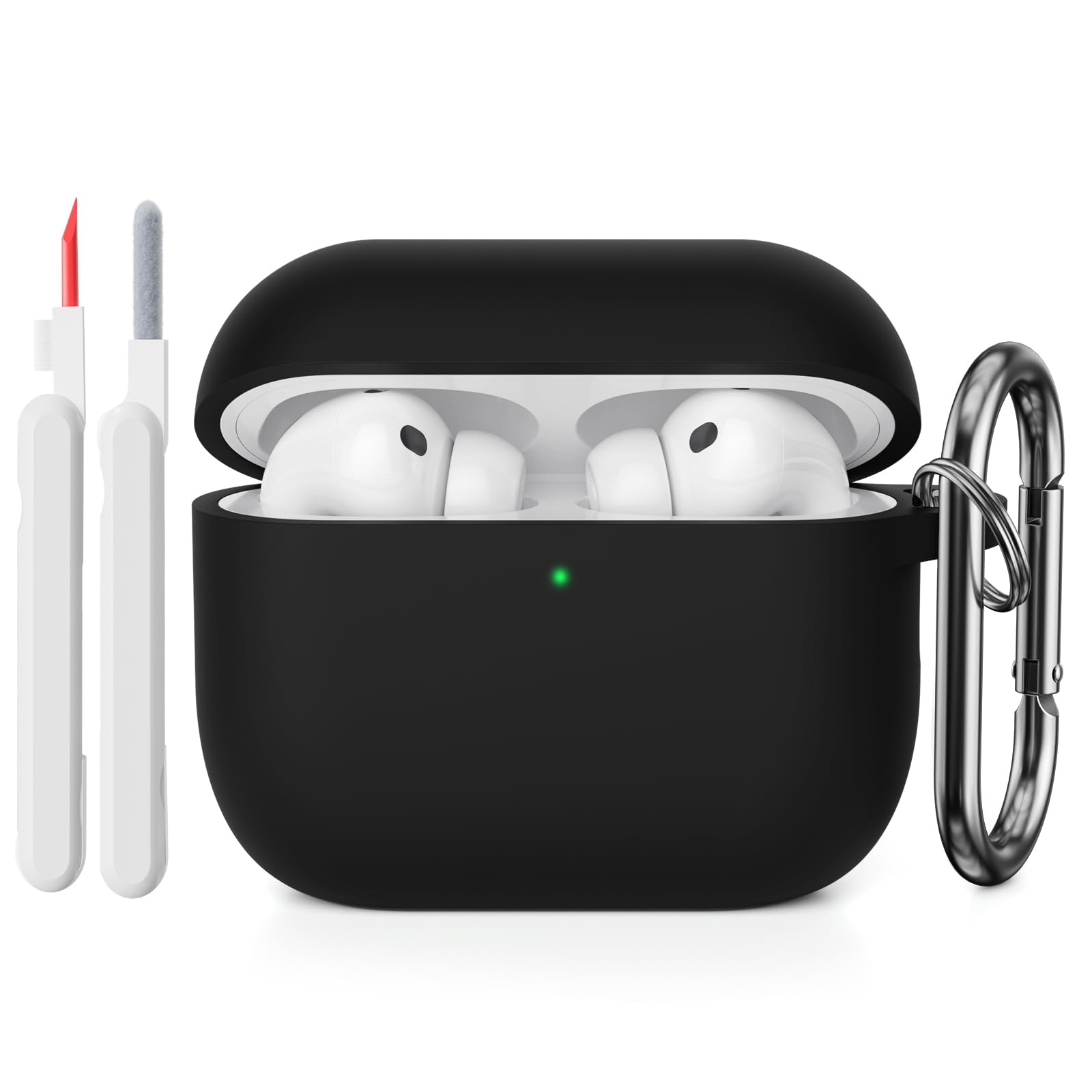 KOKOKA Funda de Silicona Compatible con AirPods Pro 3.ª Generación con Kit de Limpiador, Anti-rasguños, Anti-Polvo, Funda Case Silicona para AirPods Pro 3 con Mosquetón, LED Frontal Visible, Negro - 2