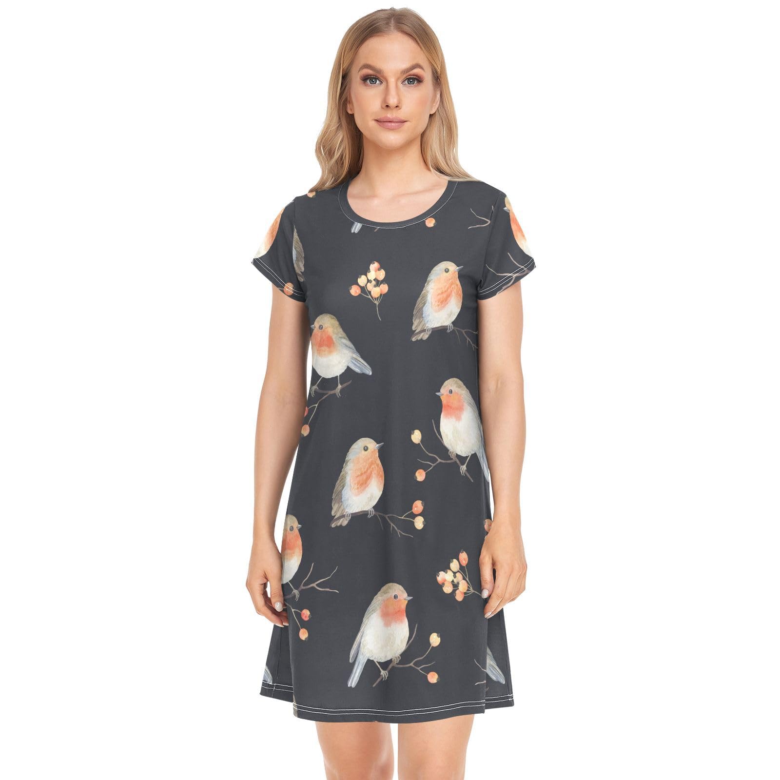 YOUJUNER Women's Nightdress Robin Bird Pattern Nighties Nightgown Short Sleeve Nightshirt Sleepwear Loungewear T-Shirt Dress