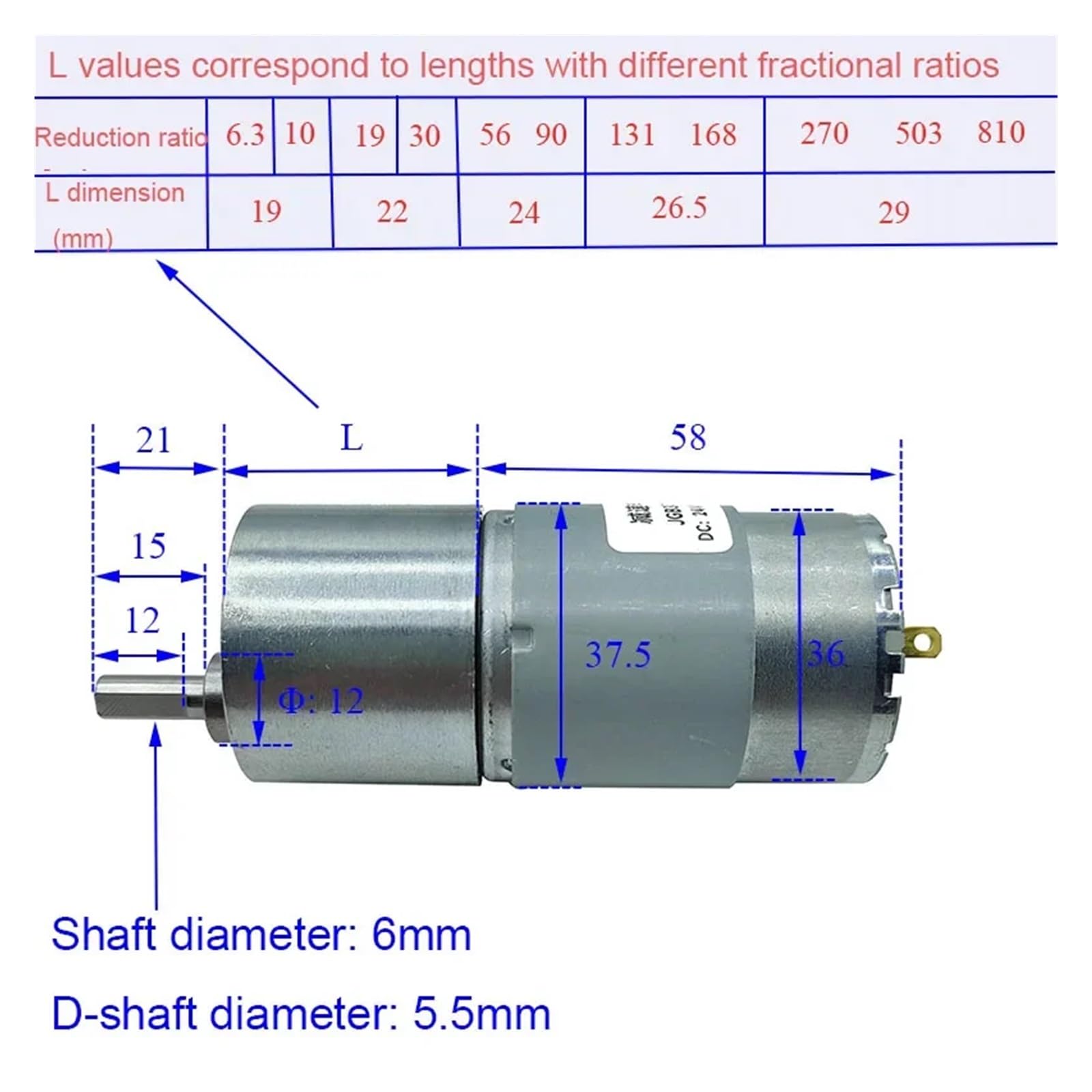 Motorreductor totalmente metálico JGB37-545 CC 12V/24V 7-960 RPM Alto par 3-35 kg·cm Baja velocidad Avance y retroceso ajustable(24V 66RPM,Package D)