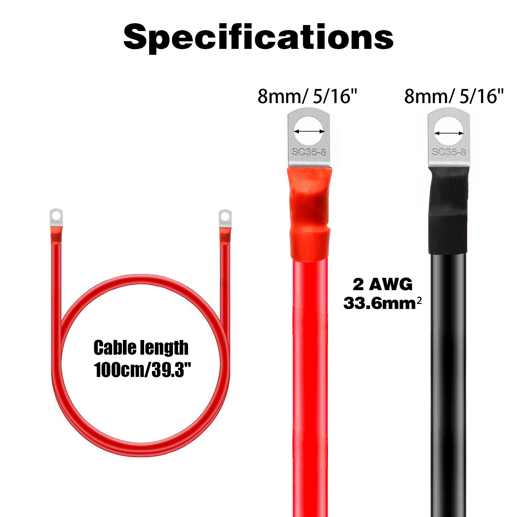 Idota Câble Batterie 2AWG/ 35mm² 100cm Onduleur Cable Batterie Voiture 12V avec Clip Annulaire M8 pour Moto Automobile Bateaux Marins(100cm)