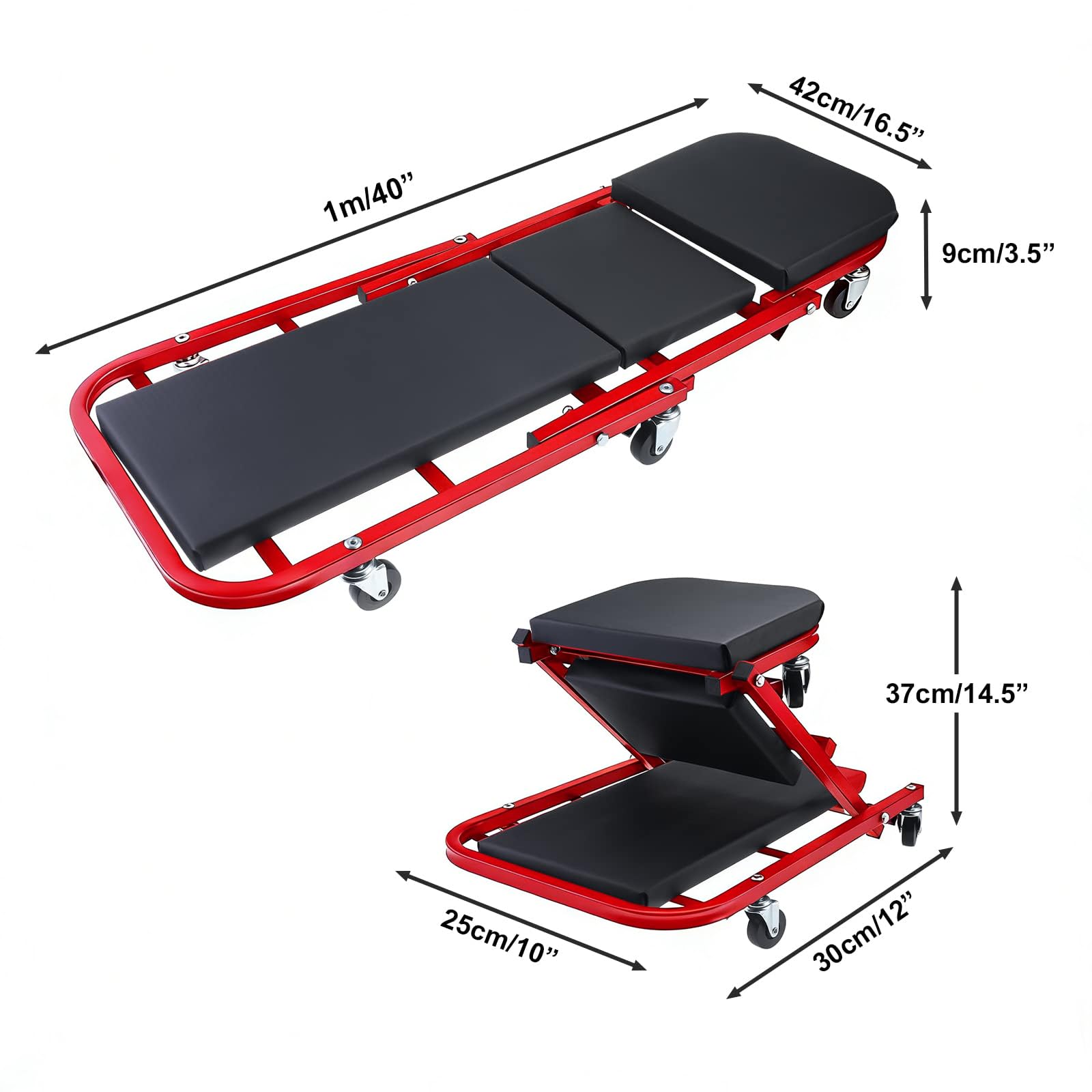 BOOMSTART 40" Werkstatt Montagerollbrett 2-in-1 Klappbarer Z-Rollhocker | Werkstattliege mit 6 Lenkrollen | 150kg Tragkraft | Rollbrett & Sitz in Einem für KFZ, Garage & Werkstatt