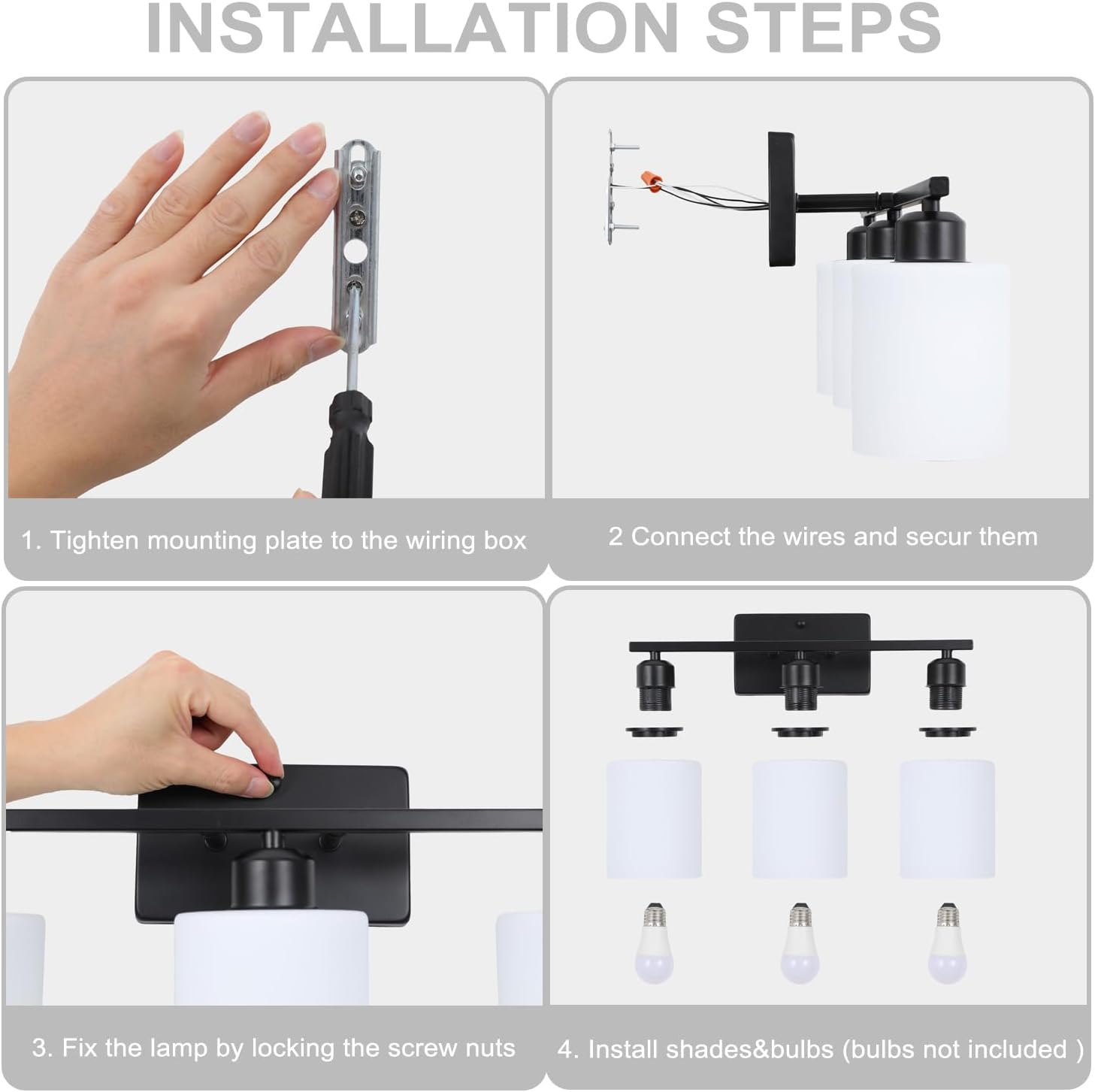 3-Light Bathroom Vanity Light Fixtures, Black Modern Vanity Light Over Mirror, Modern Wall Light with Milky White Frosted Glass Shade for Bathroom Bedroom Living Room Kitchen Hallway