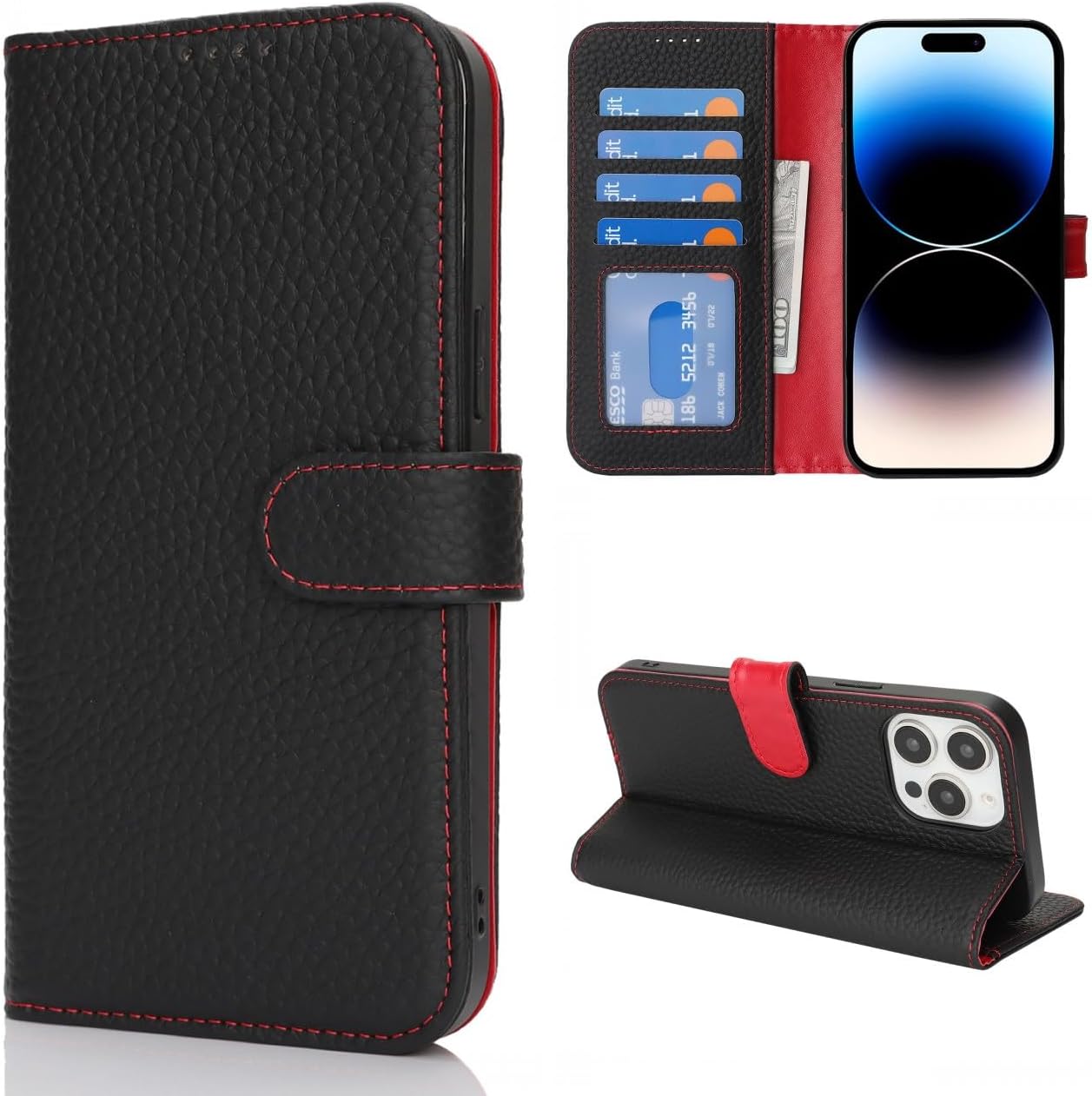 CAVOR Mobile Phone Case Compatible with iPhone 14 Pro Max Case Flip Genuine Leather Wallet Case 4 Card Slots Buckle RFID Blocker Flip Case Mobile Phone Case - Black + Red