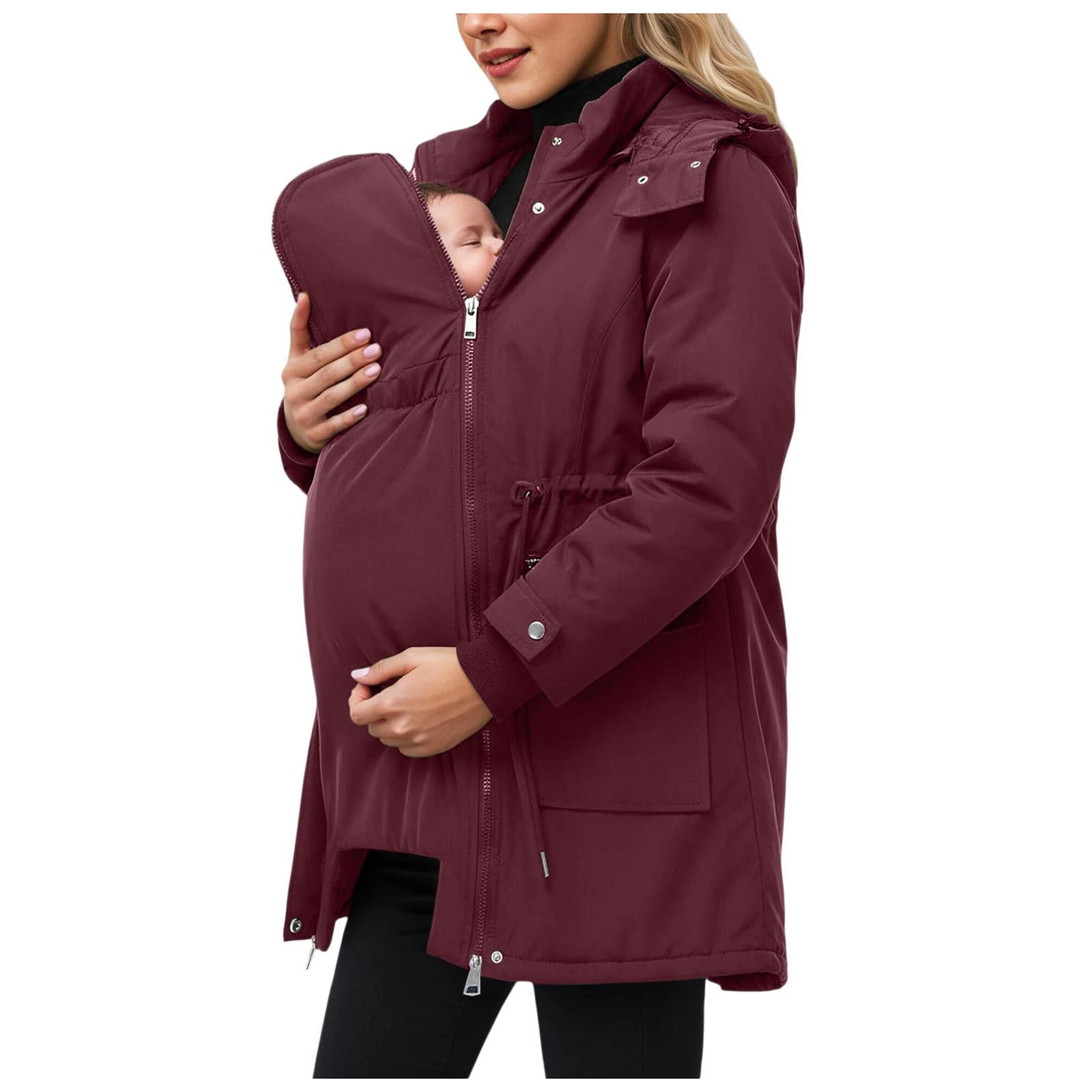 Umstandsjacke mit Babyeinsatz Umstands Baumwolljacke Winter Umstandsmode 3 in 1 Tragejacke mit Einstellbarer Kordelzug und abnehmbarer Kapuze Wasserdichte Winddichte Winterjacke Dicke Warm Daunenjacke