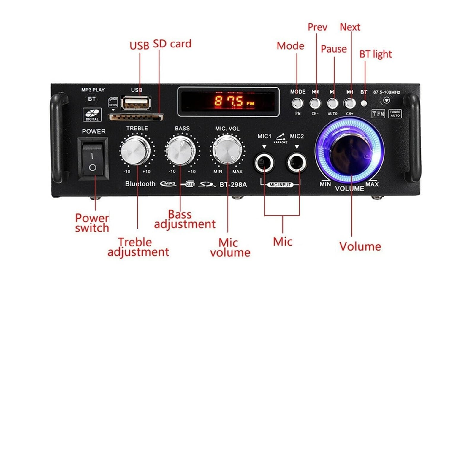 Amplificatore di potenza stereo HIFI digitale 300W+300W con display LCD a 2 canali, radio FM Bluetooth con telecomando Per l'home cinema