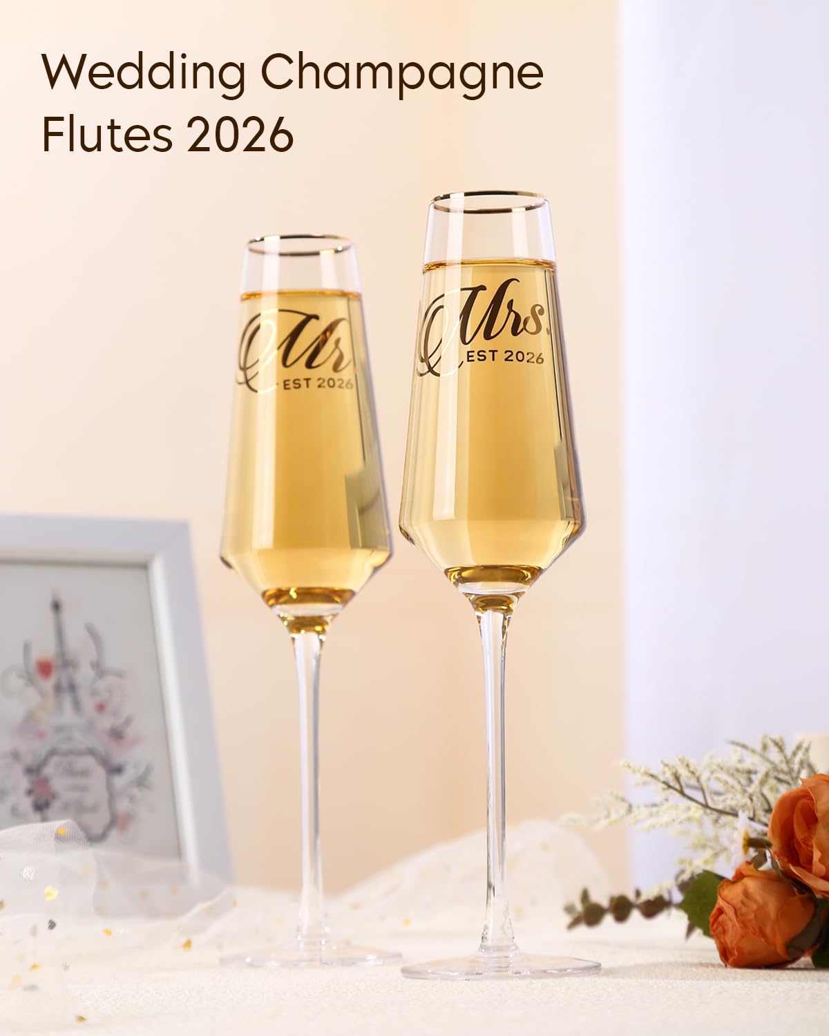 Juego de 2 copas de champán de boda, sopladas a mano, copas de champán para novia y novio, copas de champán para boda, compromiso, aniversario, despedida de soltera (juego de caja conmemorativa)