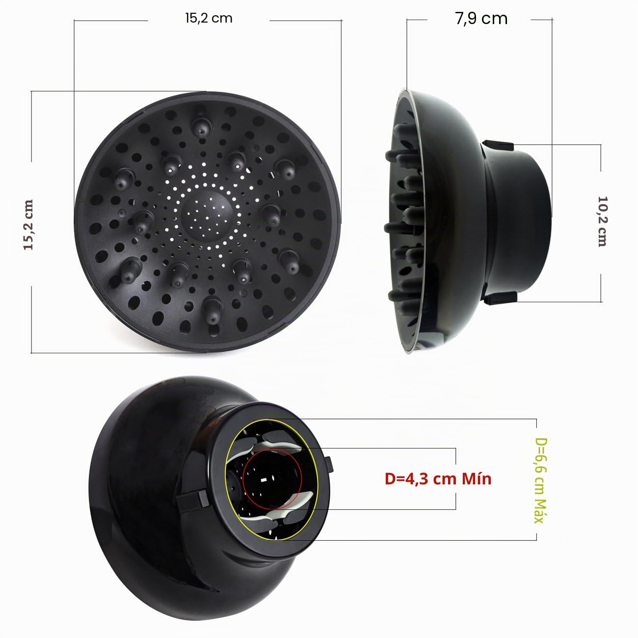 Hairizone difusor Universal para secadores de pelo con boquilla de diámetro 4,3 - 6,6 cm, para pelo rizado u ondulado, seca y gana el máximo volumen sin encrespamiento, negro
