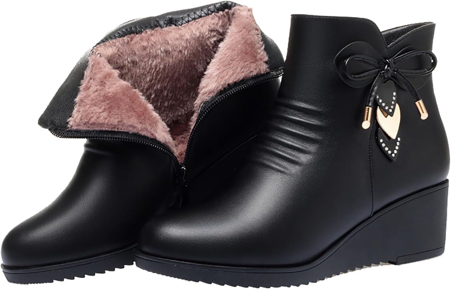 Women's Leather Wedge Ankle Boots with Side Zipper Warm Fur Lined Fashion Love Decor Comfortable Round Toe Anti-slip Platform Booties Winter Outdoor Work Walking Mom Boots
