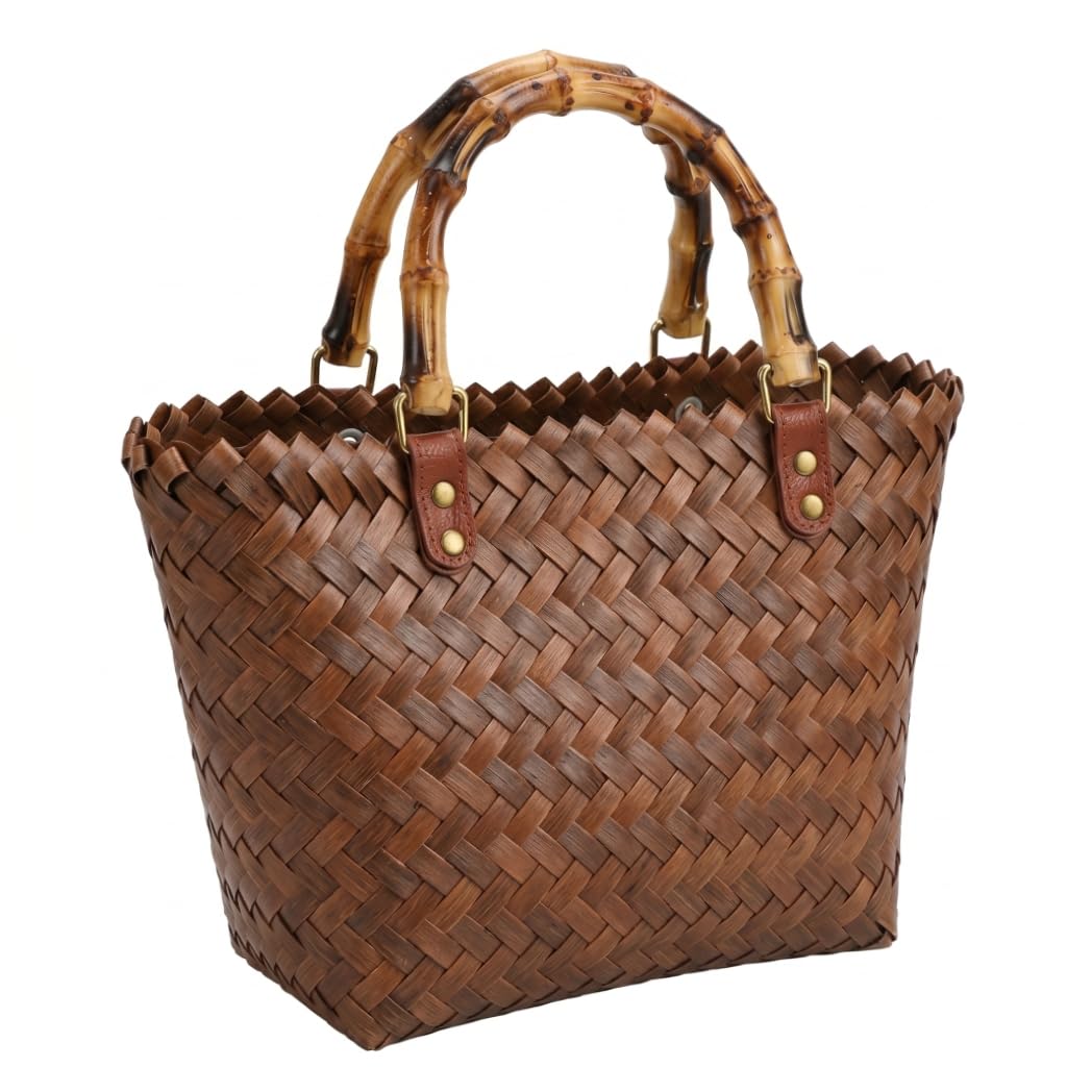 Ameble Unisex 30*20Cm Handwoven Brown Woven Beach Bag For Women With Bamboo Handle, Large Capacity 11.8"X7.9" Straw Basket Tote, Summer Holiday Shoulder Bag