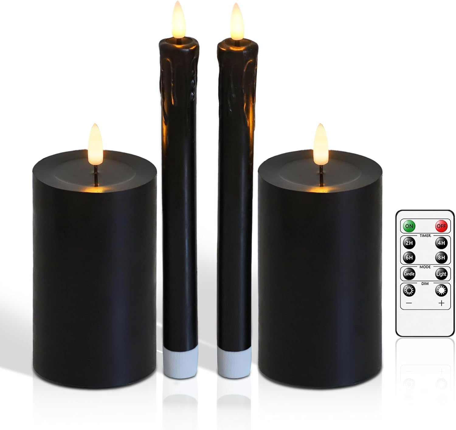 Real Wax LED Flameless Candles with Remote Timer, 4 Pcs Black Battery Operated Window Candle with 3D Flickering Flame for Fireplace Xmas Halloween Party Decor (9.5" Taper & 5" Pillar)