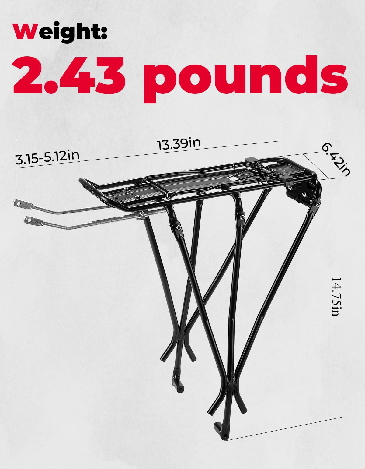 KEMIMOTO Bike Cargo Rack, Rear Bike Rack 24-27.5 in, Adjustable Length, Maximum Load 220lbs, Red Rear Reflective Light, Three-Bracket Design, Aluminum Alloy