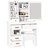 Vanity Desk with Sliding Mirror, 5 Drawers & Shelves, Hidden Storage Space, Bedroom Makeup Table