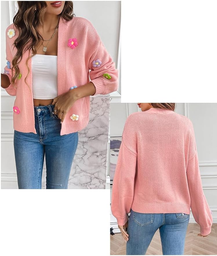 utcoco Women's Cropped Cardigan Sweaters Boho Crochet Floral Embroidery Oversized Open Front Knit Sweater Outwear - Image 4