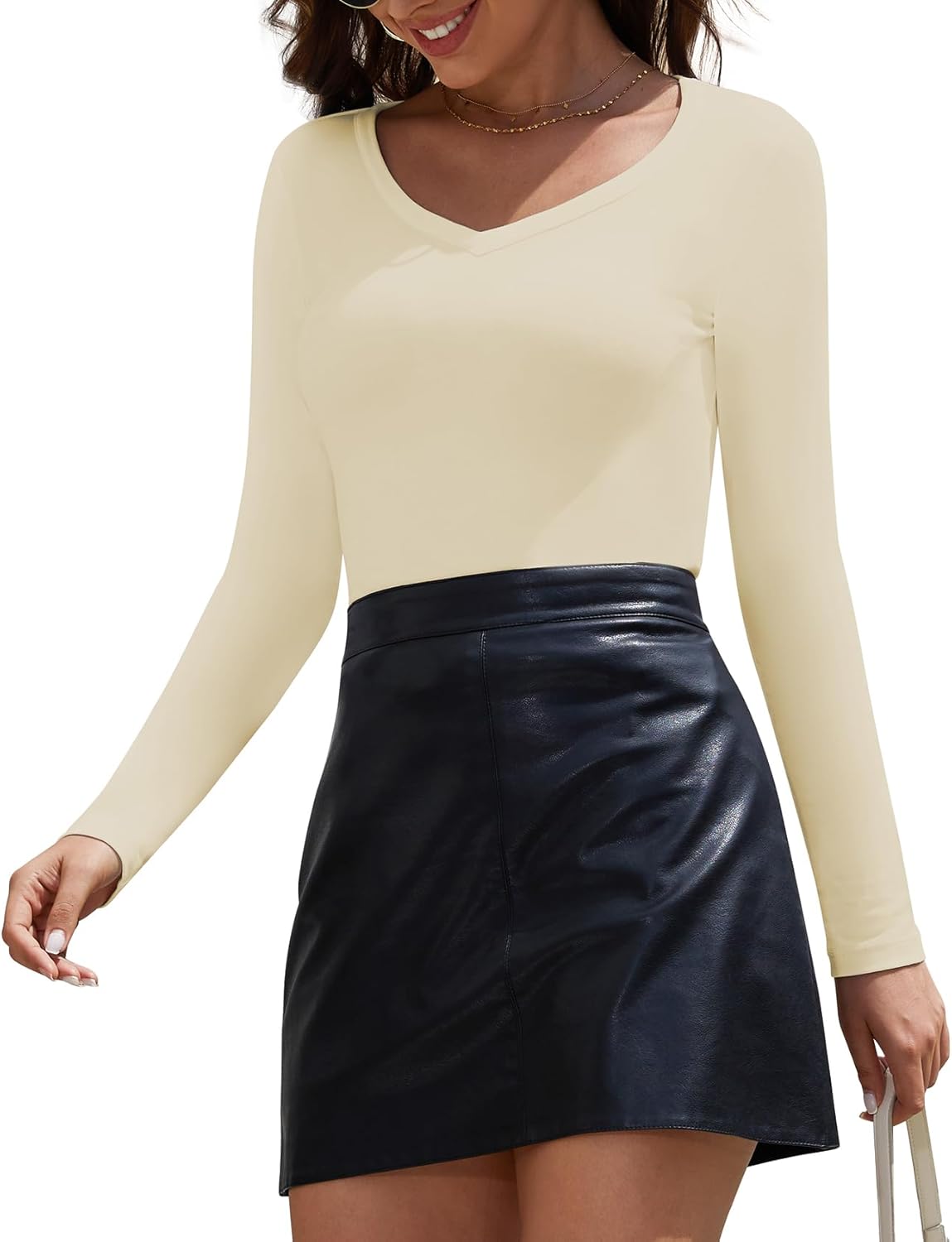 Joyshaper T-Shirt Donne Manica Lunga delle Scollo V T-Shirt Casual Sport Collo Rotondo Top Slimming Collo Quadrato