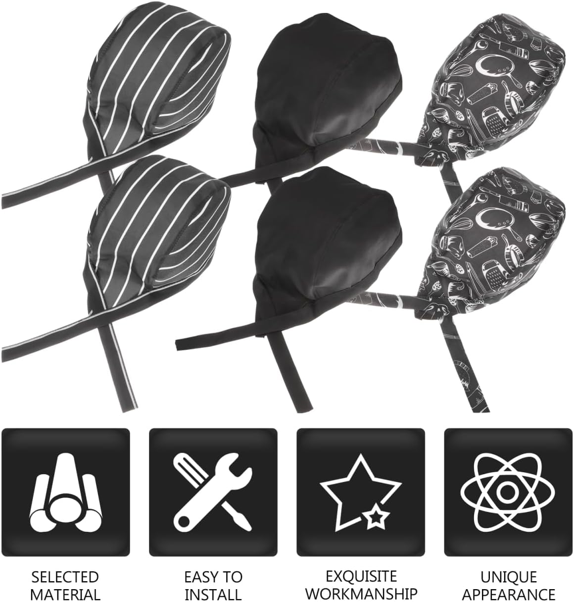 6pcs Adjustable Japanese Style Chef Turban Hats Pirate Print Bandana, Restaurant Cook Caps for Men and Women, Black and White Striped Kitchen Uniform Accessories