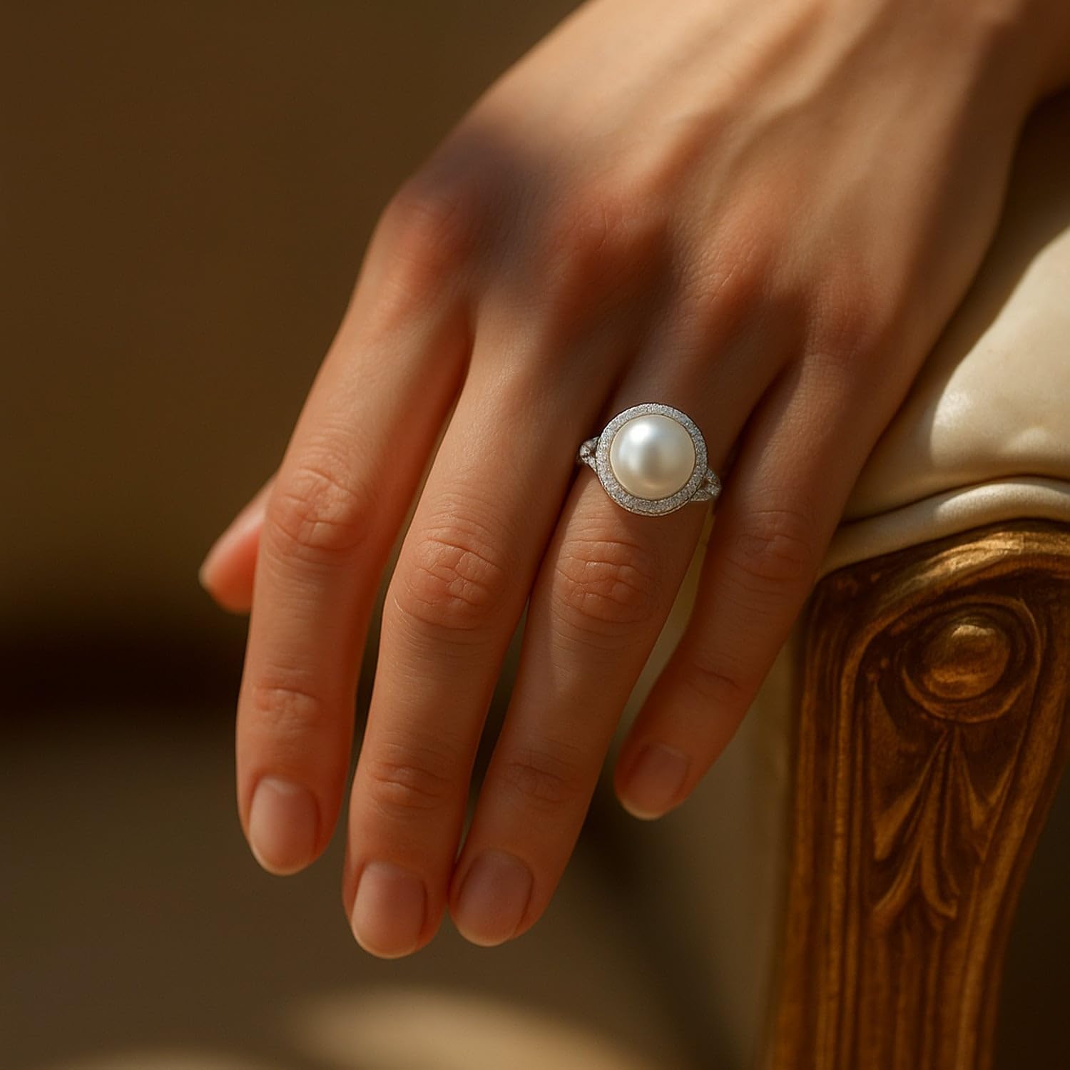 The Pearl Source Freshwater Cultured Pearl Ring for Women with Button Pearl and Cubic Zirconia on Sterling Silver - Image 2