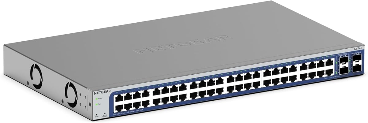 Conmutador de red gestionado inteligente Gigabit Ethernet de 48 puertos NETGEAR (GS748T) | Con 4 puertos SFP 1G (2 compartidos), Insight Cloud Management opcional, montaje en escritorio o bastidor