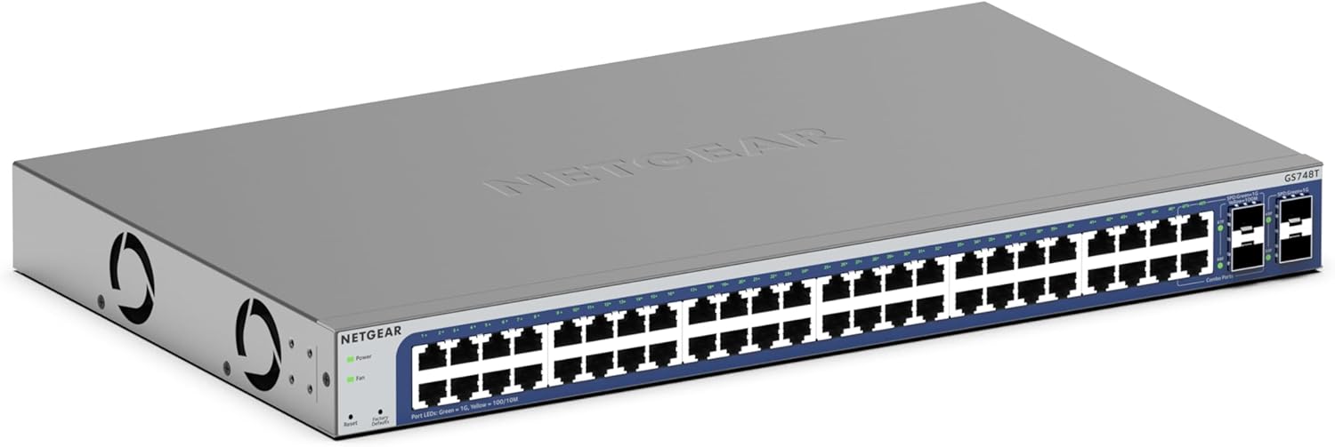 NETGEAR 48-Port Gigabit Ethernet Smart Switch (GS748T) - Managed, Optional 1 Year Insight Cloud Management, with 2 x 1G SFP and 2 x 1G Combo, Desktop or Rackmount, and Limited Lifetime Protection