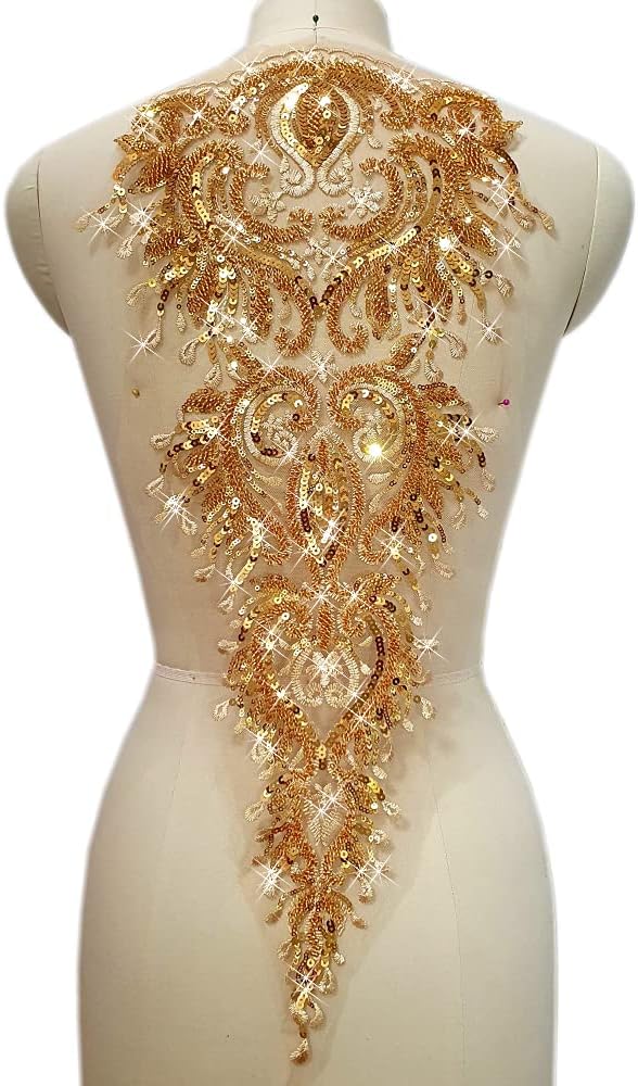 Heavy Luxury Handmade Beading Glass Beads for Evening Dress Lace Fabric Patch Wedding Dress Applique Accessories (Gold, 1 Set=A+B+C)