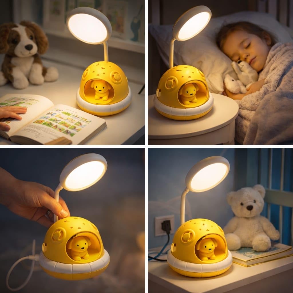 Sevimli Köpek Figürlü LED Masa Lambası ve Gece Lambası, Yıldız Desenli Işıklı Dekoratif Çocuk Odası Aydınlatması, USB Girişli ve Fişe Takılan Ayarlanabilir Başlıklı Masaüstü Gece Işığı