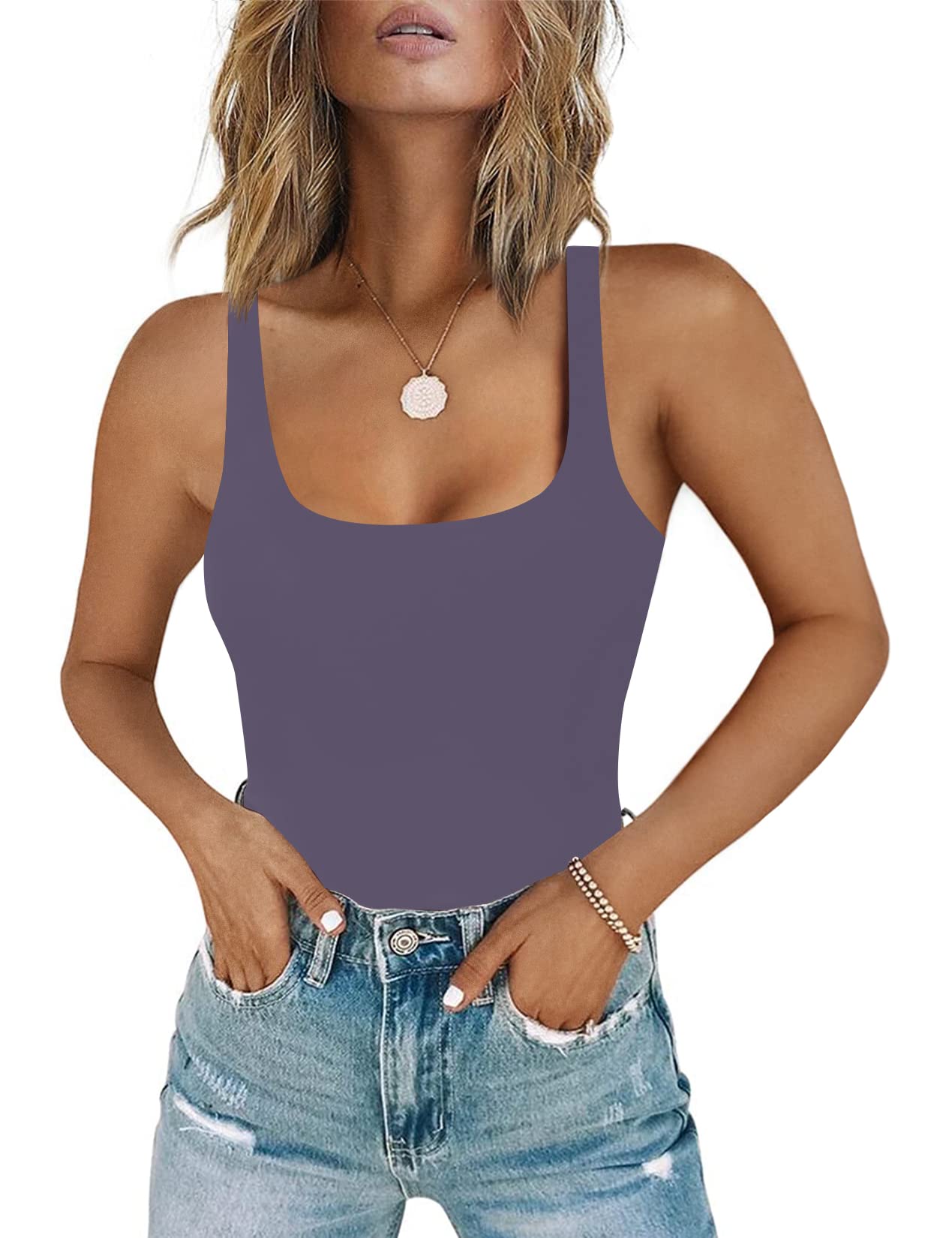 Chunpin Women's Square Neck Tank Bodysuit Sleeveless Tank Top Double Lined Body Suit Going Out Outfits Thong Bodysuits