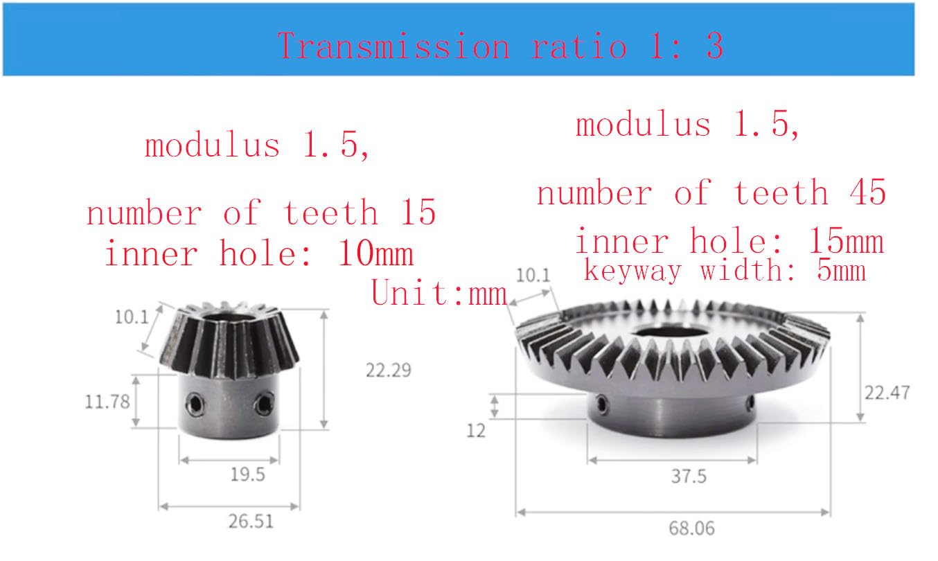 Transmission Ratio 1: 3, Bevel Gear, 90-Degree Steering, Modulus 1.5, Number of Teeth 15: 45, (Pinion Inner Hole 10mm, Big Gear Inner Hole 15mm- Keyway Width 5mm)2pcs/Set.