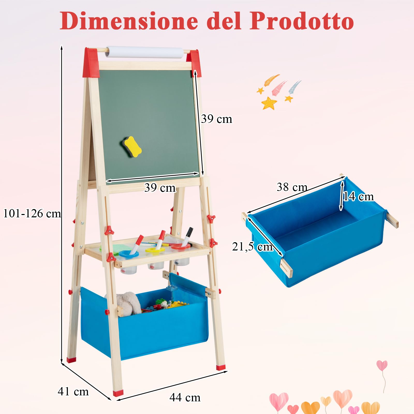 RELAX4LIFE 3-in-1 Cavalletto per Bambini Regolabile in Altezza, Cavalletto in Legno a Doppia Faccia con Lavagna Magnetica e Lavagna Bianca, Rotolo di Carta e Accessori per Pittura