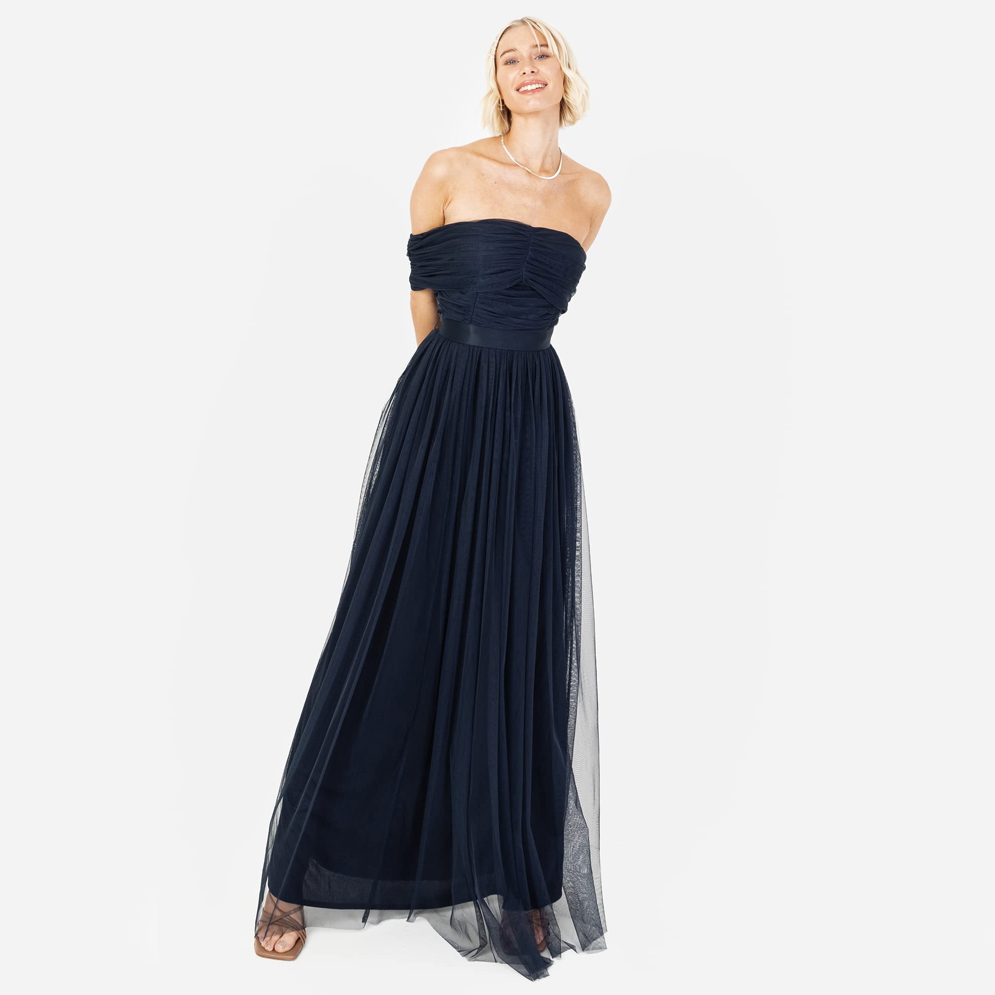 Anaya with Love Damen Womens Ladies Maxi Dress Bardot Off Shoulder with Belt Long Empire Waist for Wedding Guest Prom Evening Gown Bridesmaid Kleid (1er Pack)