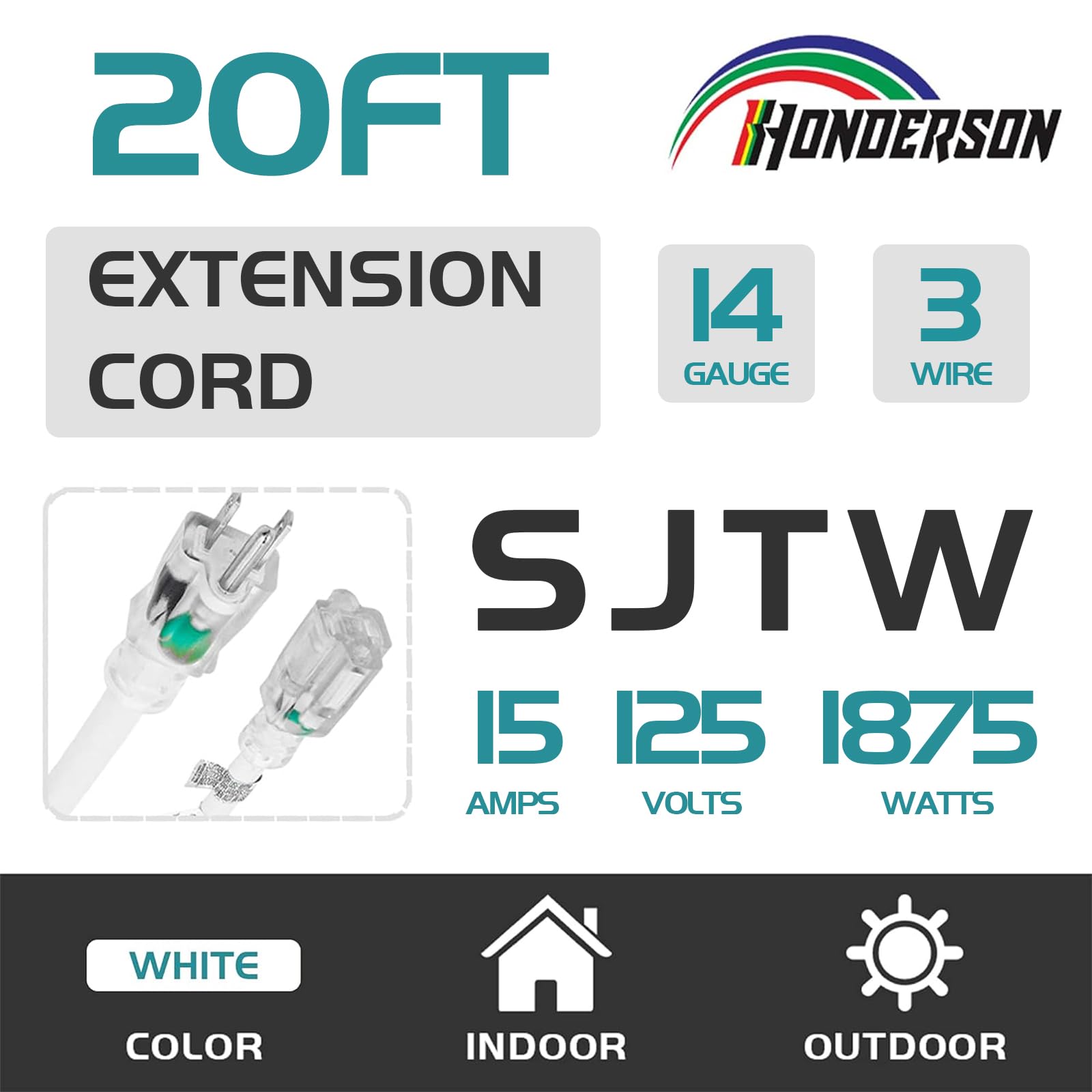 Cable de extensión para interiores y exteriores, resistente a la intemperie, con extremo iluminado, certificado UL de 3 metros, 20 metros, blanco, 3 pines, cable de alimentación 14/3