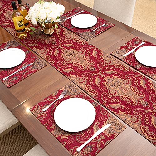 Loom And Mill Luxury Chenille Table Runner 108 Inches Long, Vintage Style Damask Jacquard Table Runners With Multi-Tassels For Dining Room Dresser Party Holidays Banquet Decorations(Red, 13X108 In) #TOP2