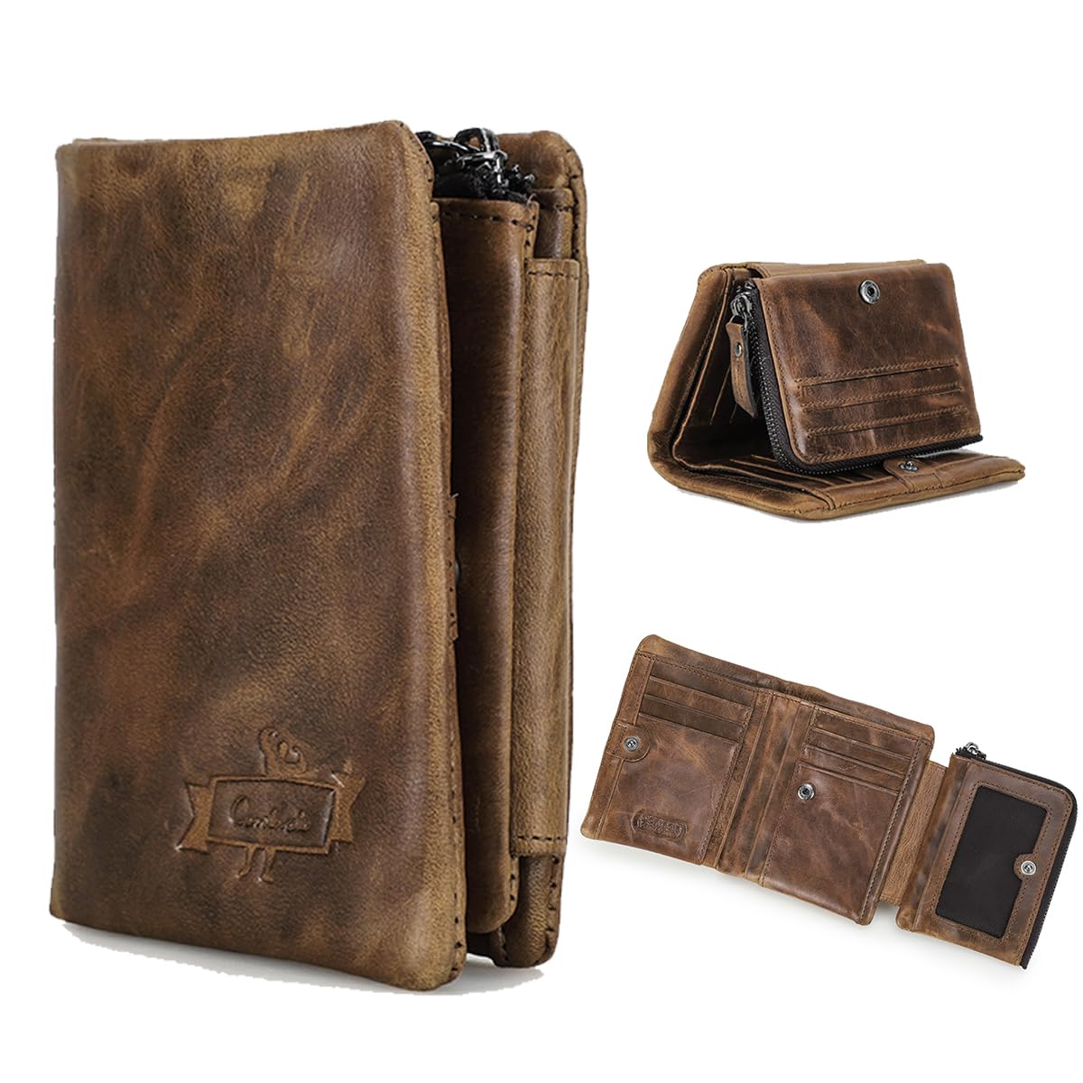 Crazy Horse Leather Wallet for Men Travel Bifold Wallets Trifold Purse Vintage Card Holder Zipper Coin Pocket with 13 Card Slot-image-12