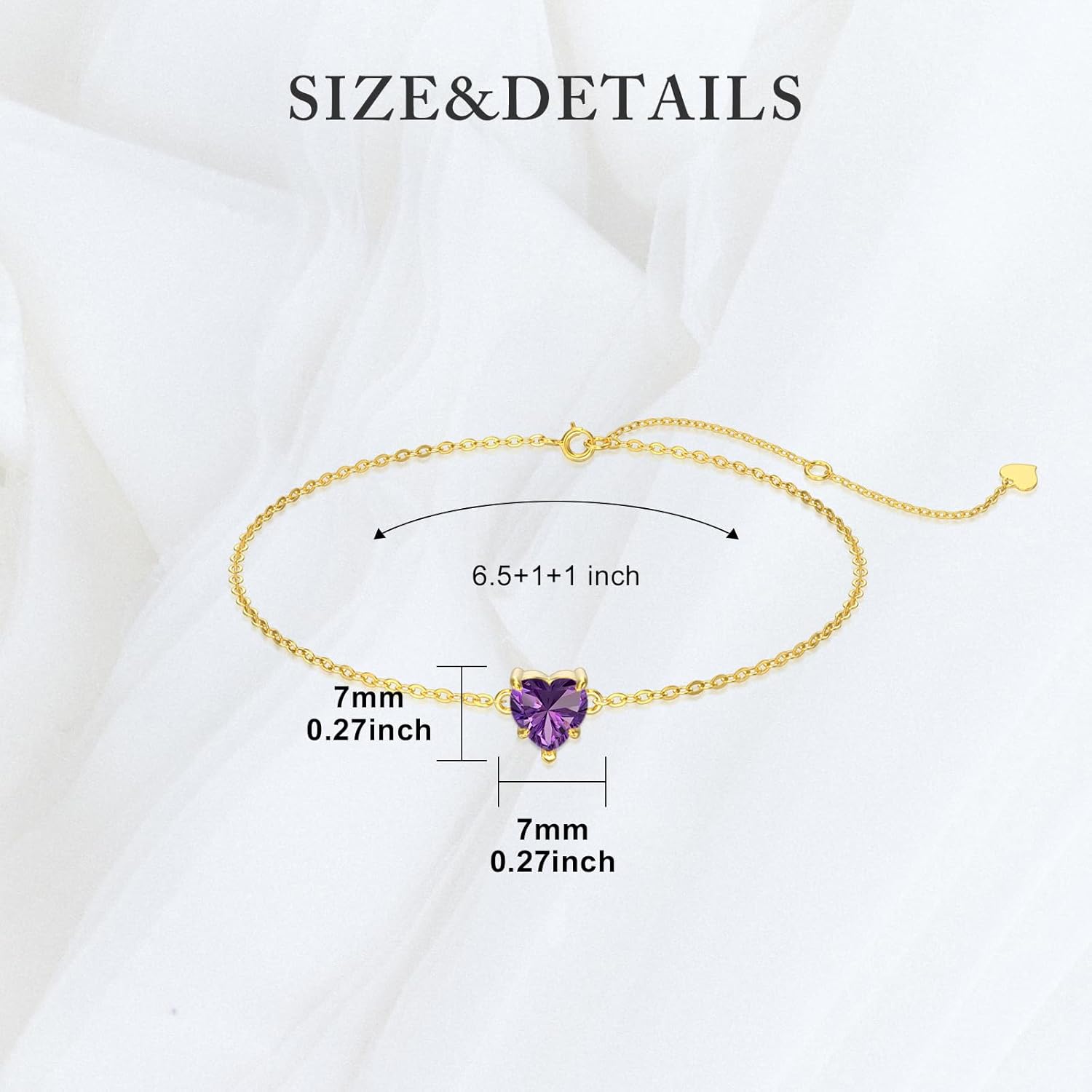 14k Gold Love Heart Gemstone Bracelet for Women,7MM Heart-cut Created Birthstone Anniversary Birthday Mother's Day Bracelets Jewelry for Mom Her 6.5''+2'' - Image 5