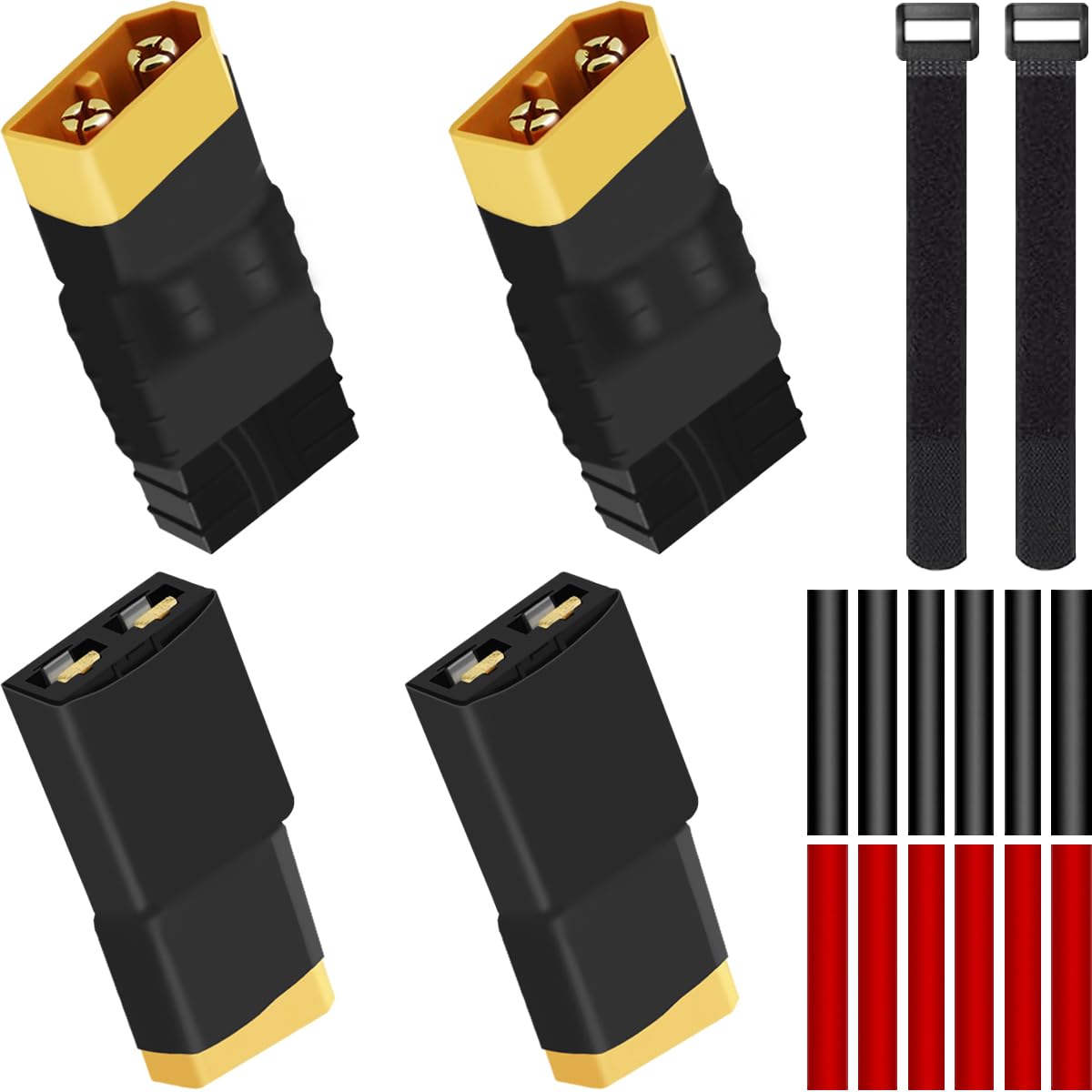 MKBKLLJY 4PCS TRX Female to XT60 Male Adapter No Wires Connector for RC Car Lipo Battery Power Supply Airplane Quadcopter with Heat Shrink Tubing Hook and Loop Straps