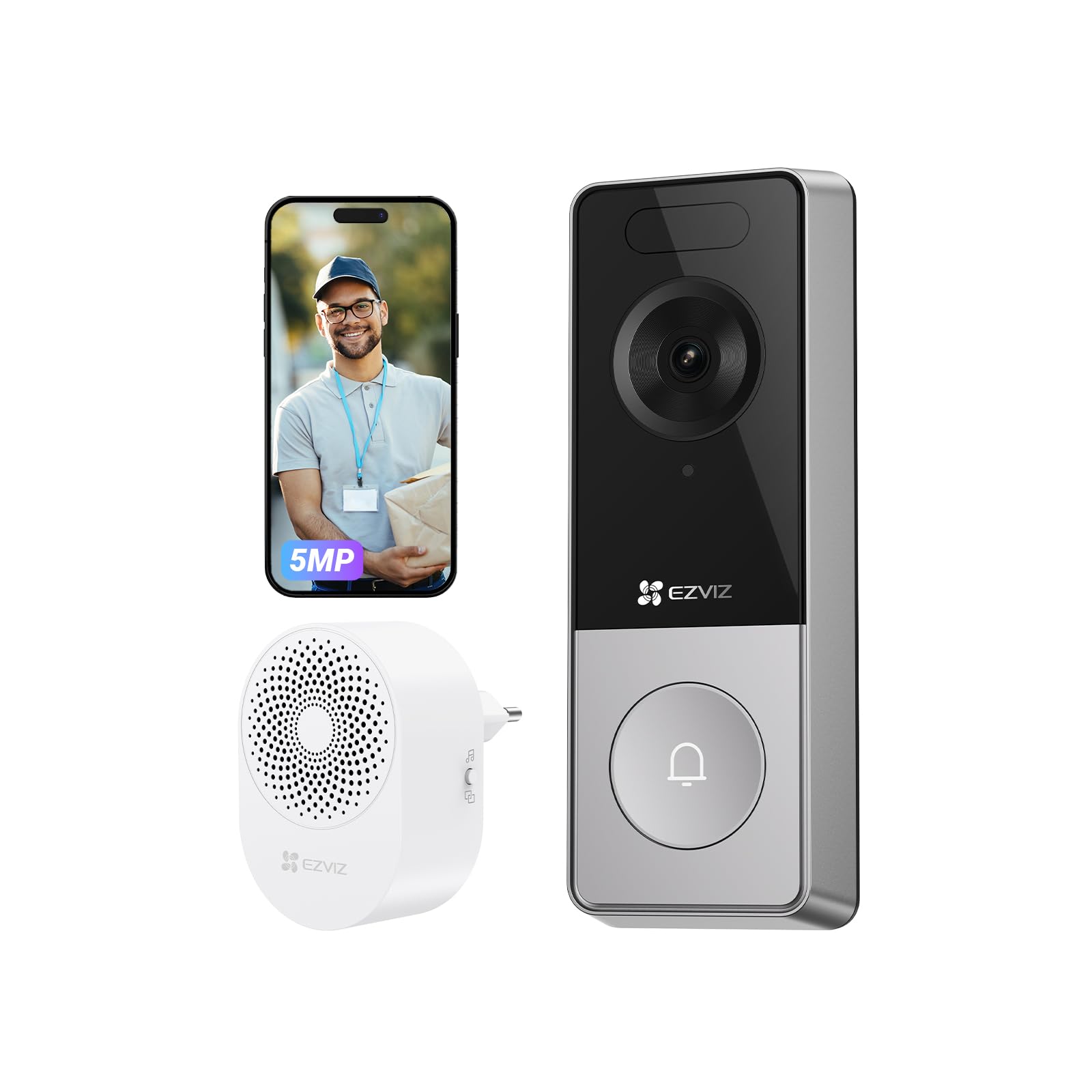 EZVIZ CP8 Kit Video Campanello Wi-Fi con Telecamera 3K a Batteria 9600 mAh, 100% Senza Fili, Rilevamento Persone IA, Audio Bidirezionale, Visione Notturna, Wi-Fi 6, Chime Incluso