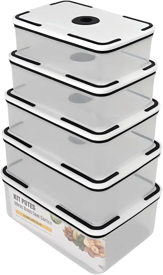 Kit 5 Potes Herméticos para Alimentos – Armazenamento Seguro e Antivazamento – Tampas com Trava Plástica – Retangulares para Despensa, Geladeira e Micro-ondas – Transparente e Resistente