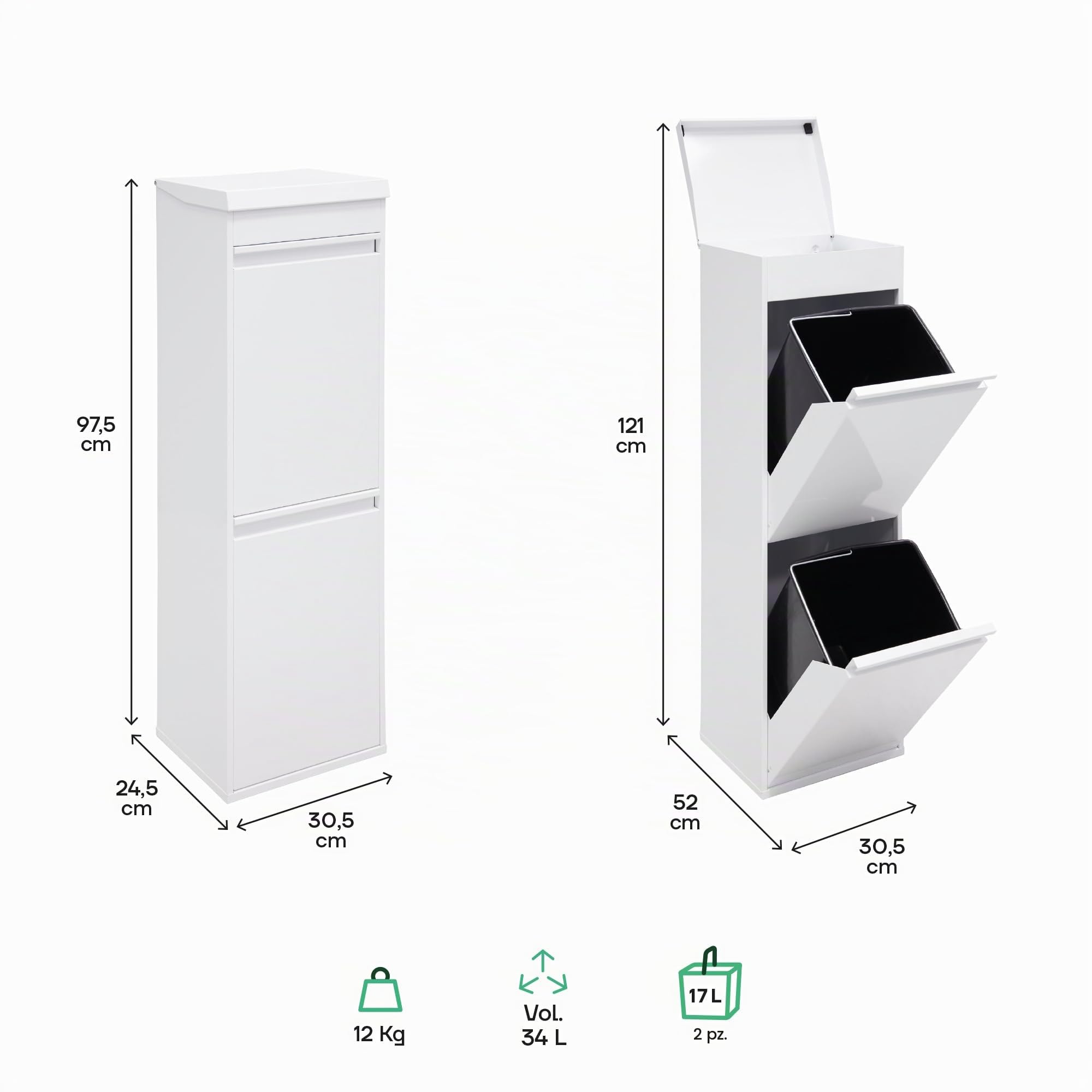 ARREGUI Top CR221-B Pattumiera Differenziata 2 Scomparti | 2x17 L (34 L) | Contenitore in Acciaio con Cassetto Superiore | Mobile per Raccolta Differenziata | Cestino per Spazzatura da Cucina | Bianco