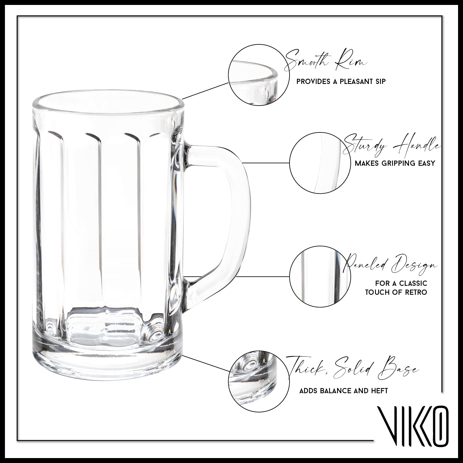 Vikko Beer Mug, Set of 6 Glass Beer Mugs, 13.5 Ounce, Dishwasher Safe Durable Drinking Glass for Craft Brews, Beer or Water