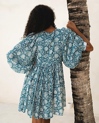 Image of Boho Dresses for Women Floral V Neck Puff SLVS Babydoll Short Beach Dress