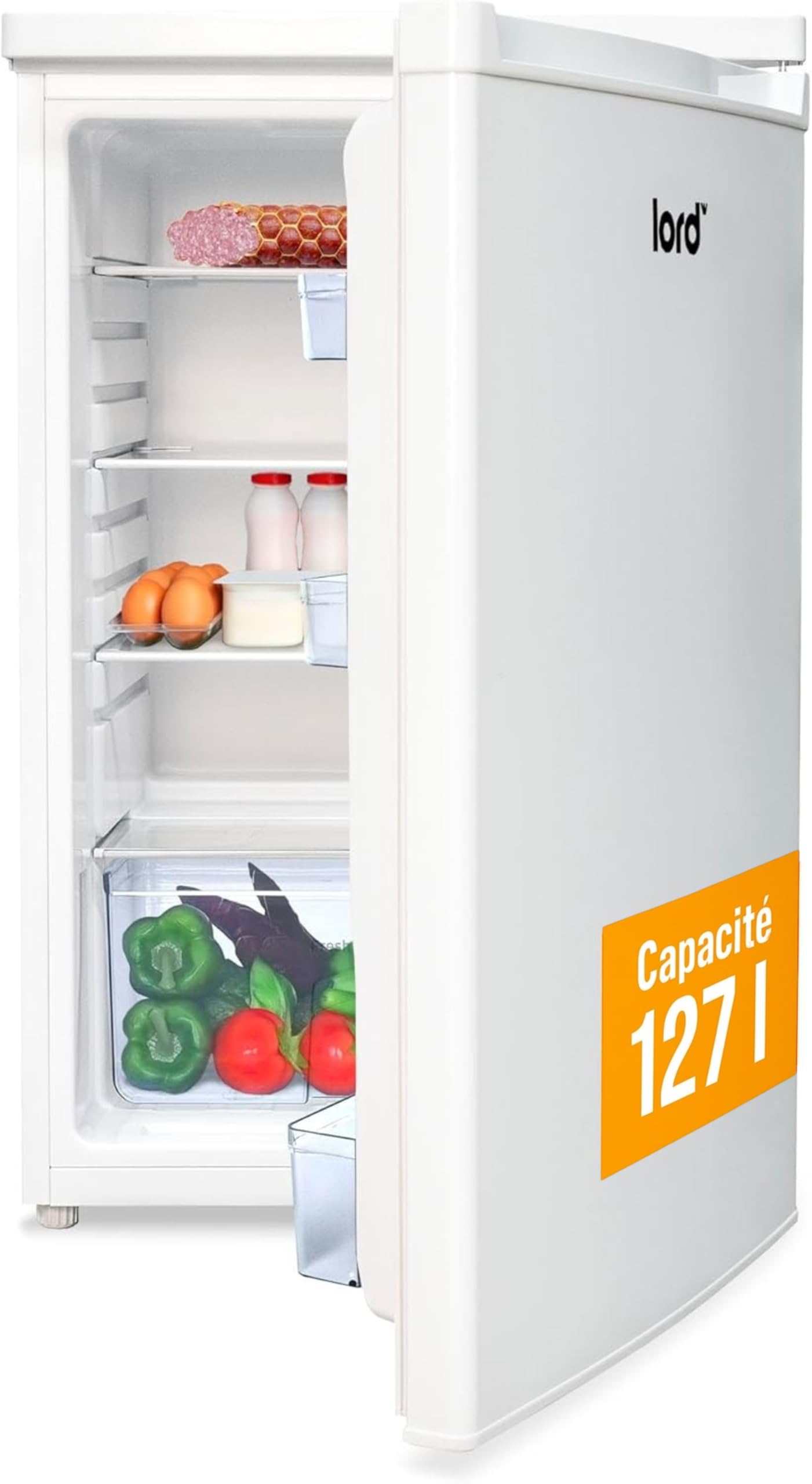 Lord R2 Réfrigérateur 1 Porte – Petit frigo, 85 cm, 127 L, pose libre, sans compartiment de congélation, silencieux 39 dB, classe énergétique E, Blanc