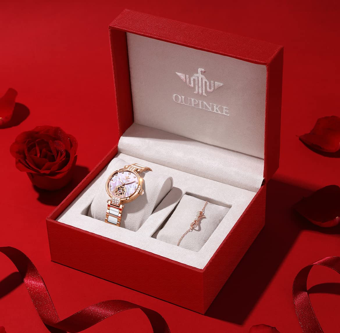 OUPINKE Reloj automático para mujer, con diamantes de cerámica, de oro rosa, elegante, con esqueleto, grabado, mecánico, automático, resistente al agua, luminoso, Banda de oro rosa y esfera rosa