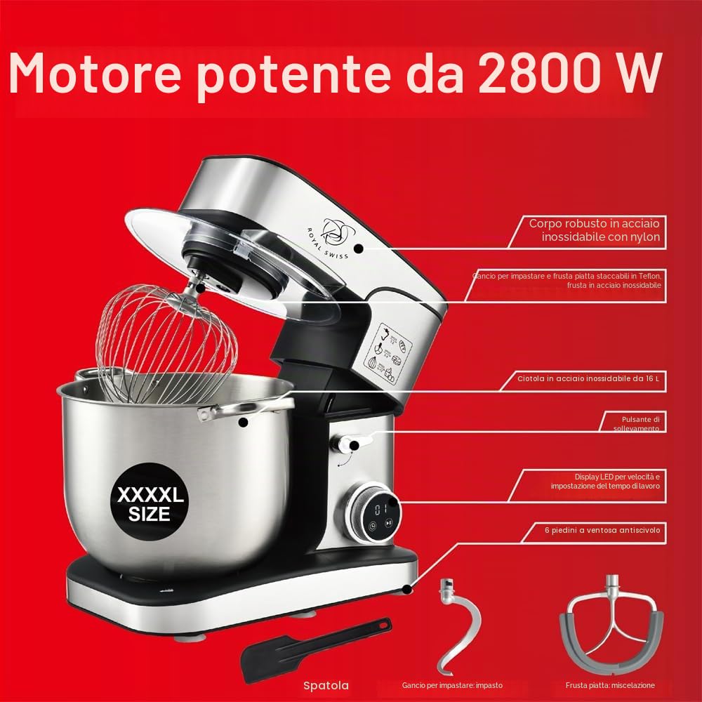 Royal Swiss® Impastatrice Planetaria Professionale 2800W 16L XXXXL – Robot da Cucina con 12 Velocità, Timer LED Touch, Ciotola Inox, Tritacarne, Gancio, Frusta – Mixer per Pane, Pizza, Dolci (16L)